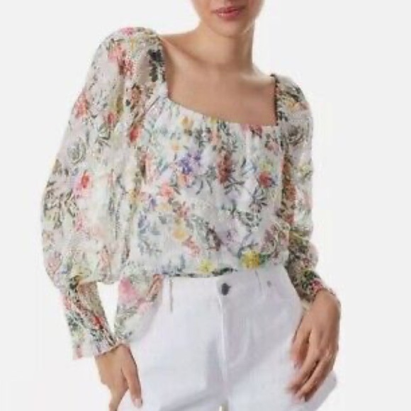 Alice + Olivia Floral Eyelet Lace Square Neck Blouson Smocked Cuffs Romantic XS - Picture 1 of 9